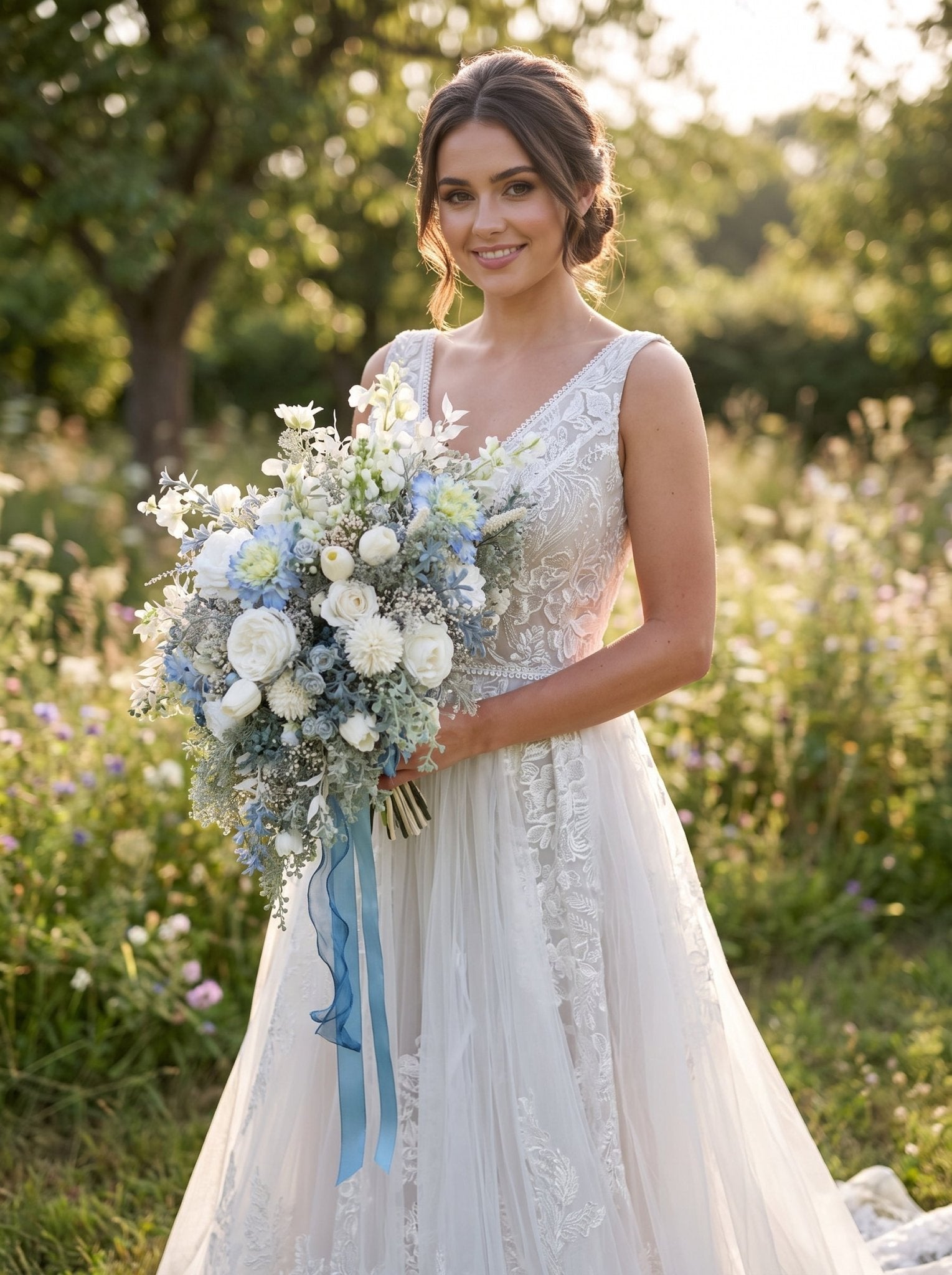 Bouquet de muguet ラベンダー　タブリエワンピースセット Blue and White Cascading Bridal Bouquet with Hydrangea, Ranunculus