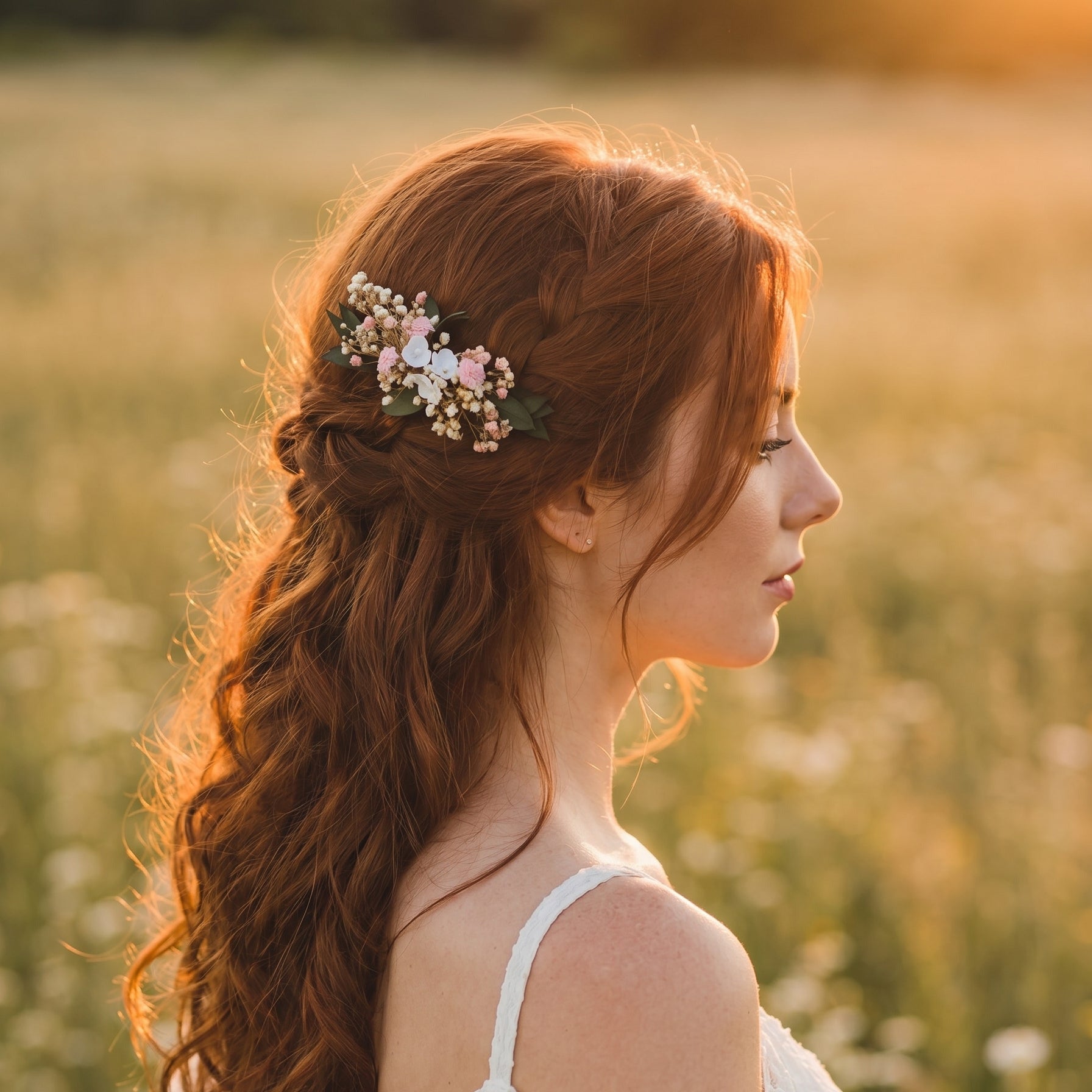 Braut-Haarkamm mit Blumen: Schleierkraut, rosa & beiges Kopfschmuck – magaela