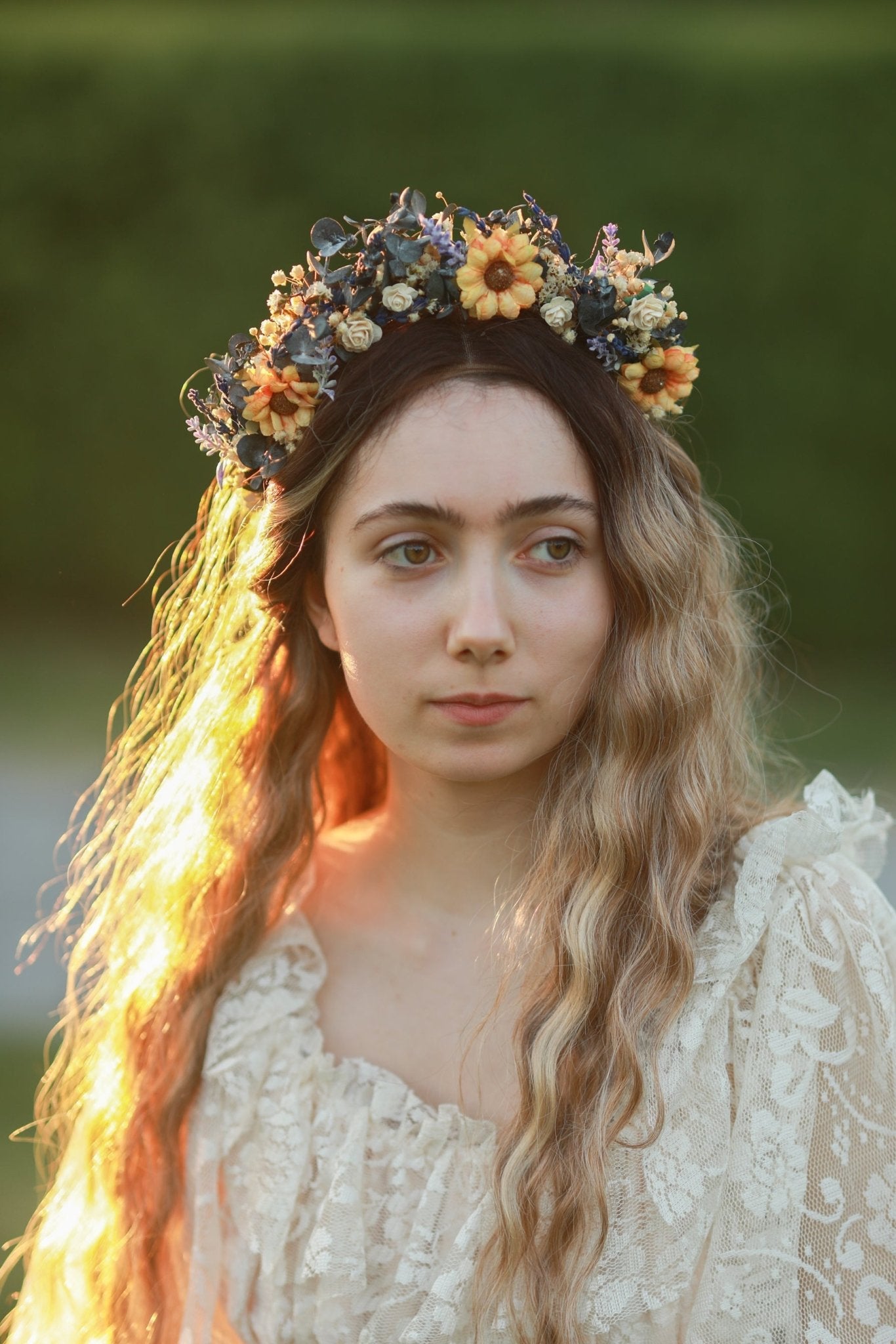 Sunflower Wildflower Bridal Crown with Lavender and White Roses