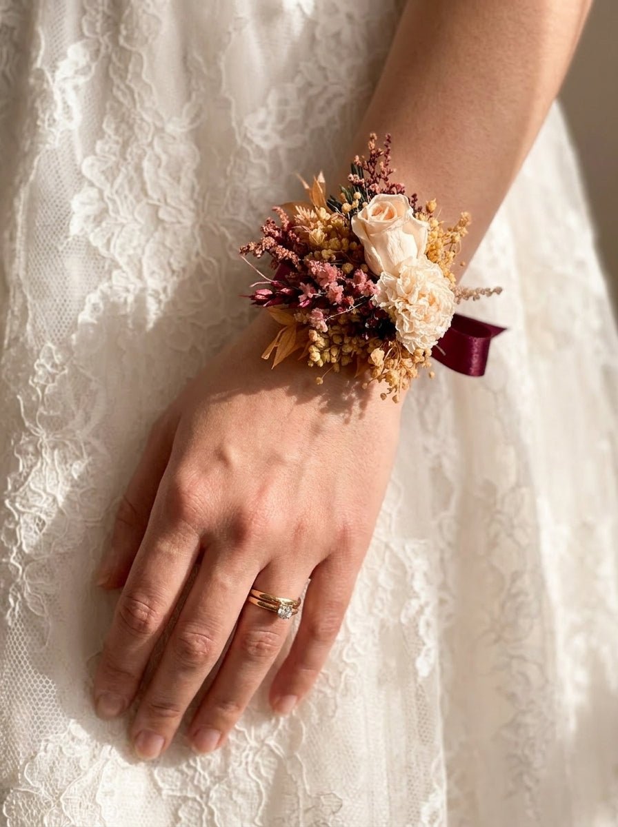 corsage with burgundy dress and Blush Rose Wrist This is what all