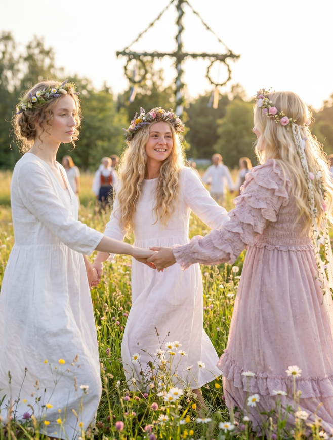 A group of women in flowing linen dresses, holding hands and dancing in a circle, wearing flower crowns during traditional Swedish Midsummer celebrations