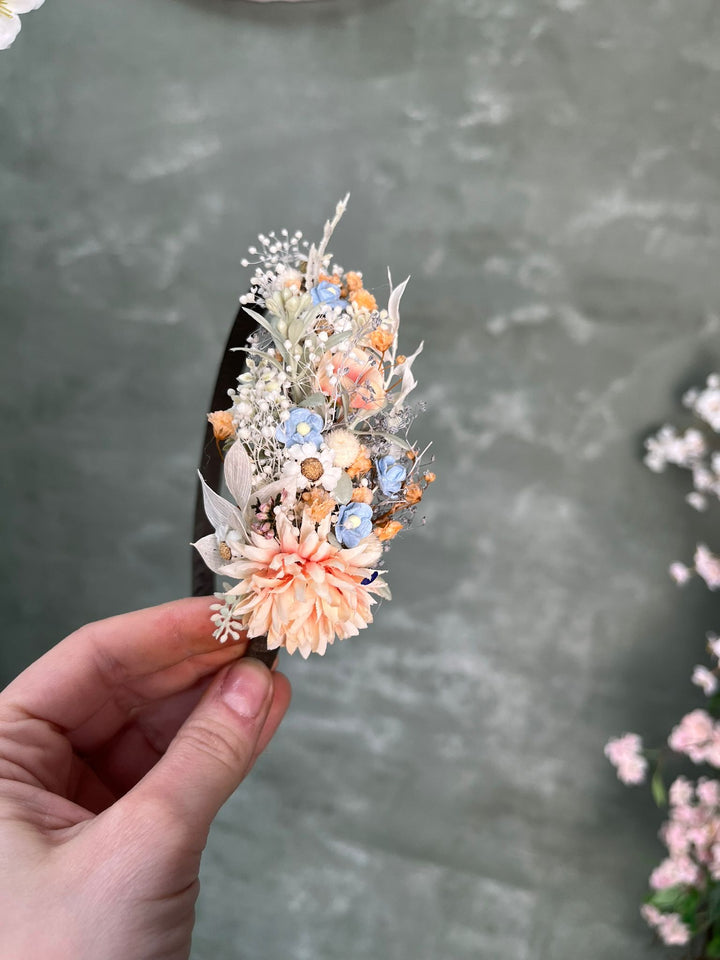 Floral Side Headband with Flowers in Pastel Blue and Blush Peach