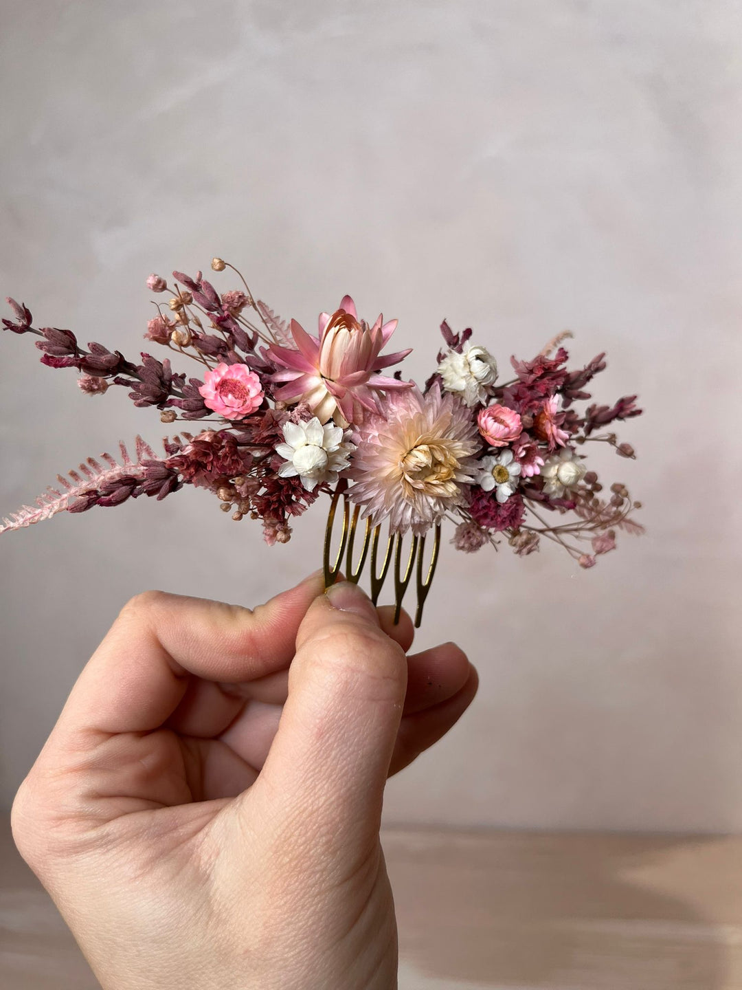 Pink Dried Flower Hair Comb | Helichrysum, Ixodia and Lavender