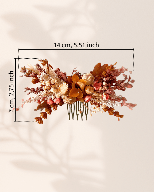 Dried Flower Hair Comb | Terracotta, Rust and Blush with Gypsophila – handmade floral hair accessory by magaela