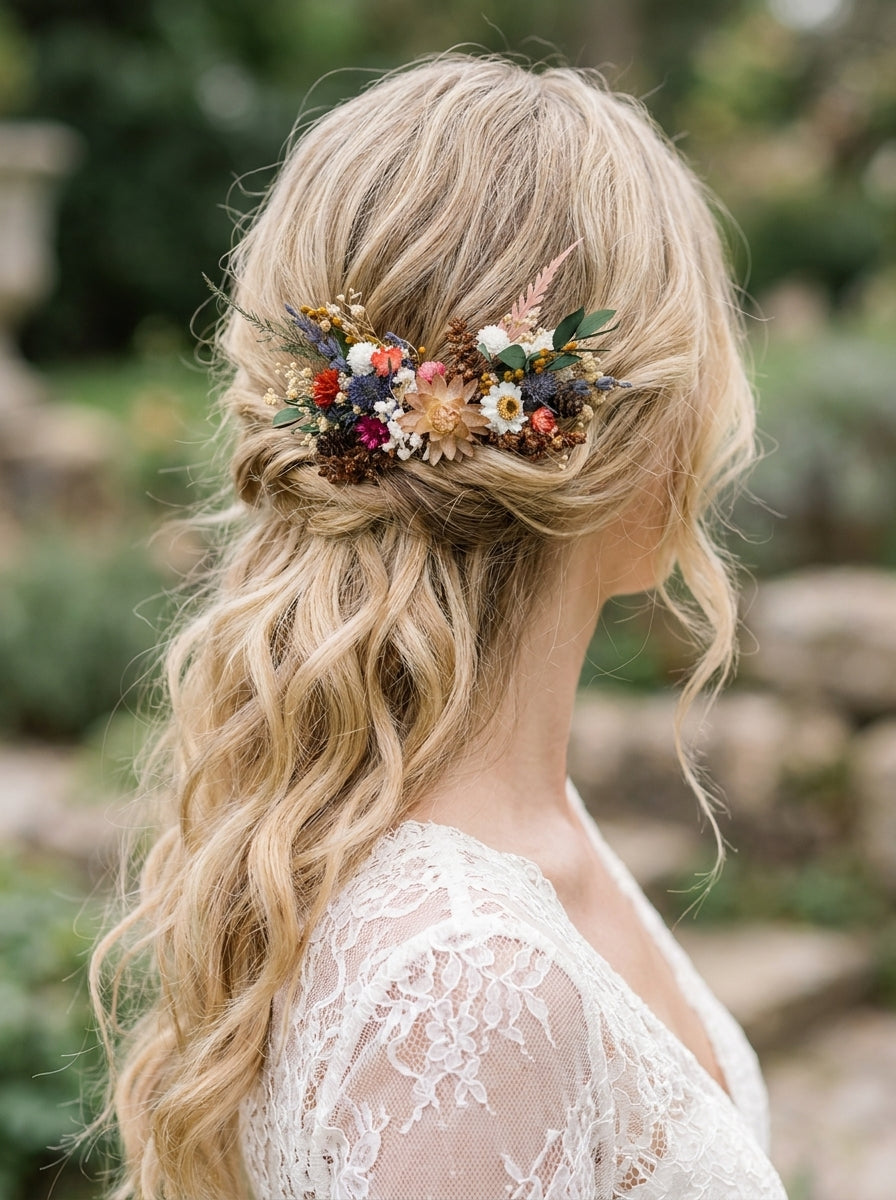 A blonde bride with long wavy hair wearing a delicate floral hair accessory with dried flowers and greenery, shown from the back in an outdoor garden setting.