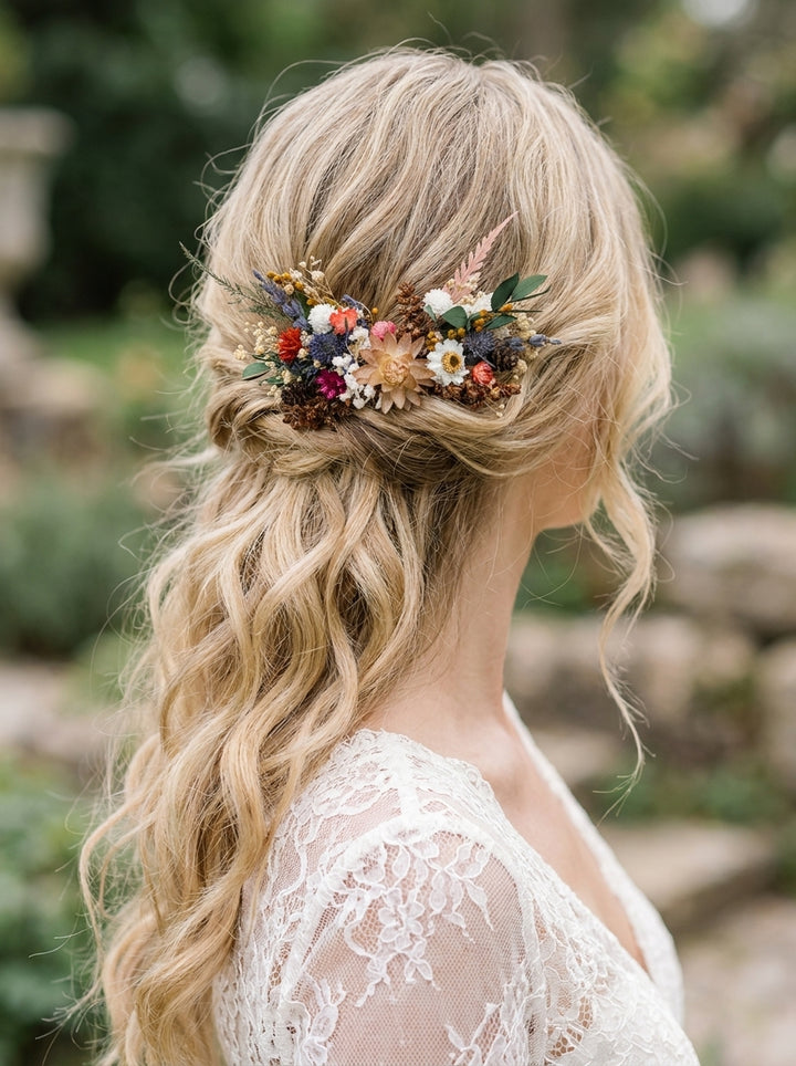 A blonde bride with long wavy hair wearing a delicate floral hair accessory with dried flowers and greenery, shown from the back in an outdoor garden setting.