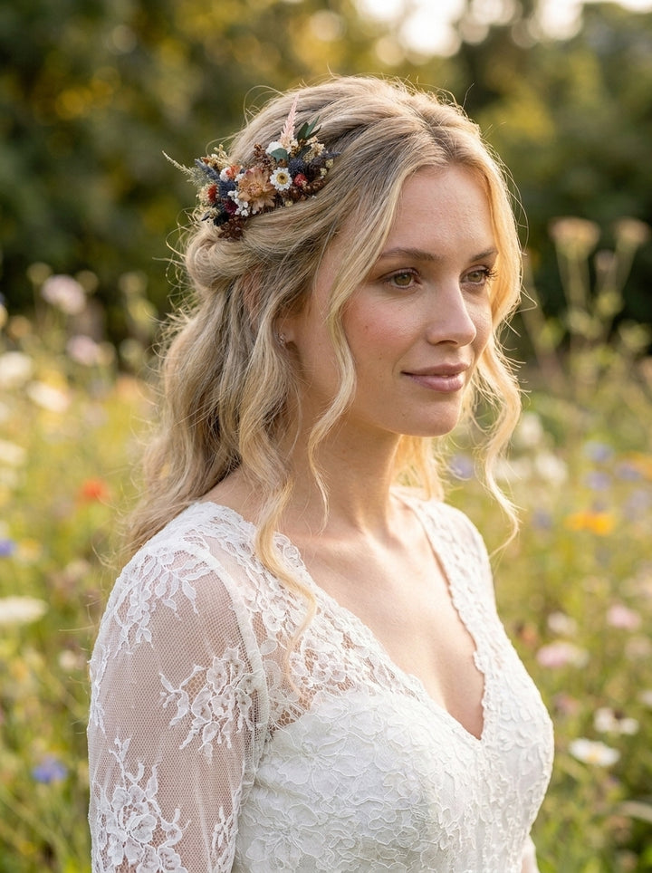 A woman outdoors in a sunlit field wearing a white lace bridal dress and a floral crown with small multicolored flowers.