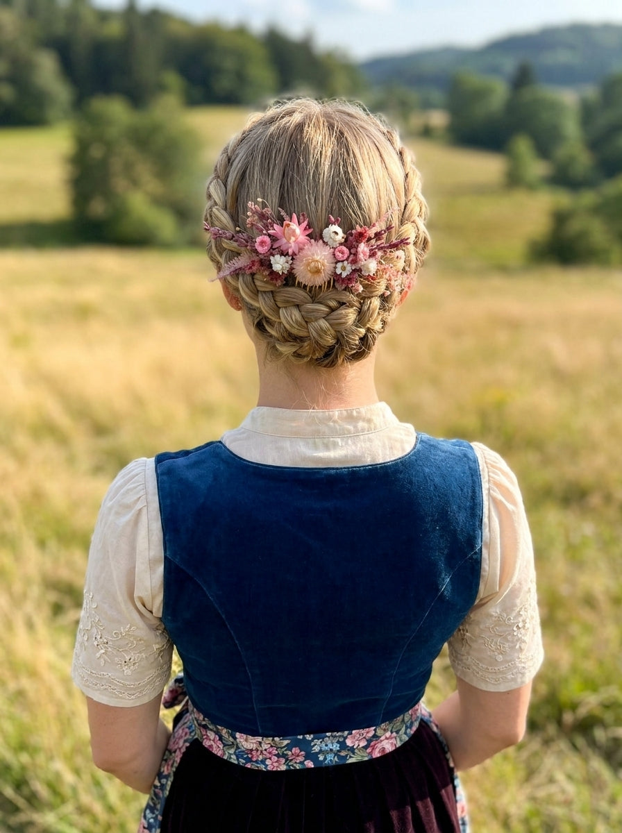A woman viewed from behind in an outdoor grassy field, wearing a traditional-style outfit with a cream lace blouse, a dark blue velvet vest, and a floral waistband. Her blonde hair is braided and decorated with a pink floral hair accessory.