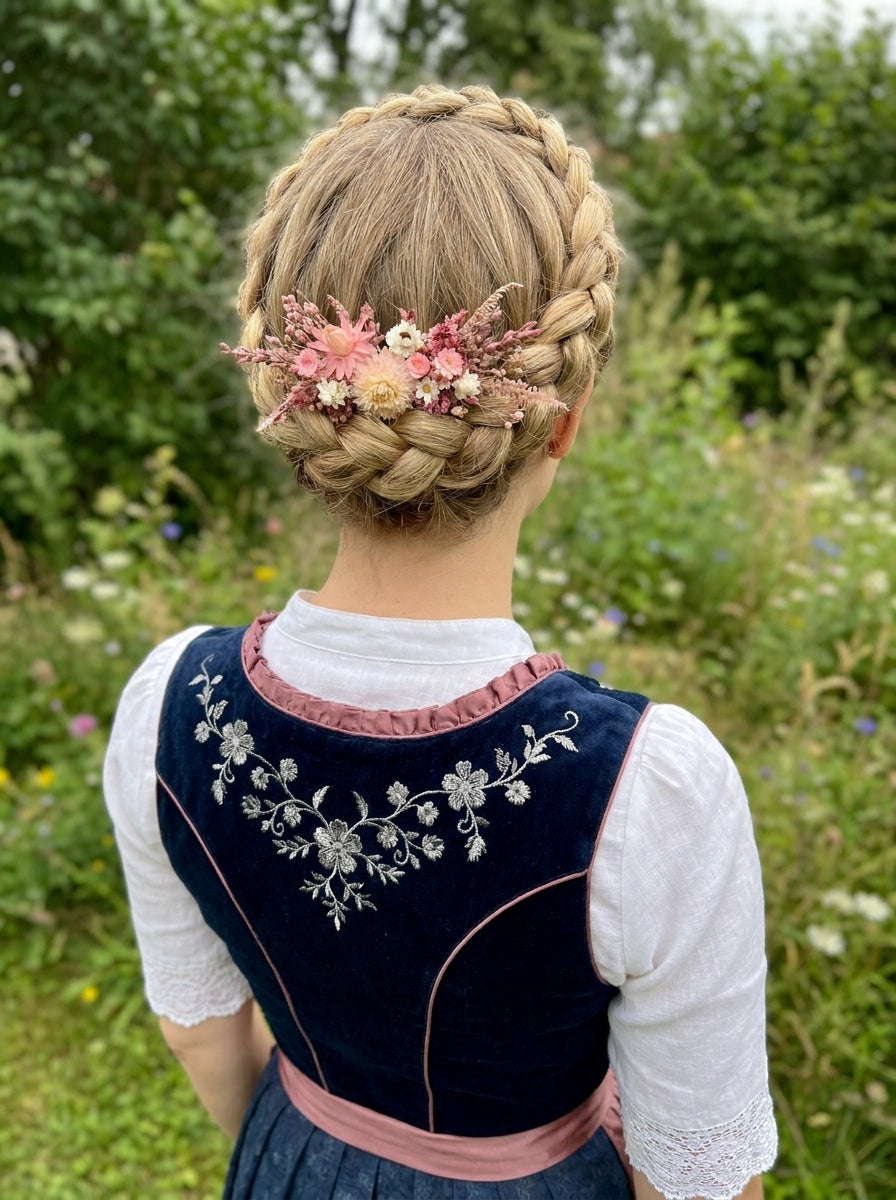 A woman viewed from behind outdoors, wearing a traditional dark navy embroidered dirndl with a pink waist sash and white blouse. Her blonde braided hair is adorned with a pink floral hair accessory.