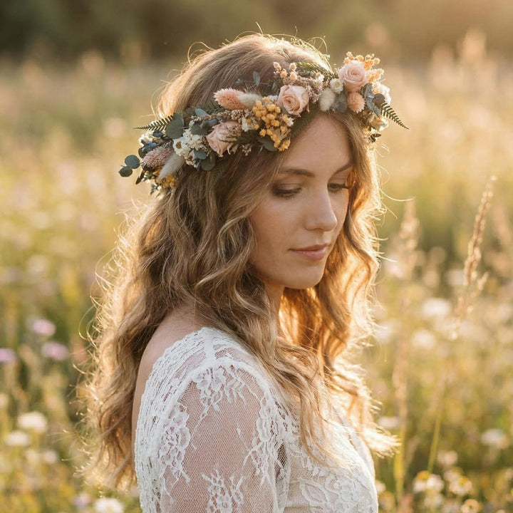 Blush and Greenery Dried Flower Crown – Rustic Boho Wedding Flower Crown – handmade floral hair accessory by magaela