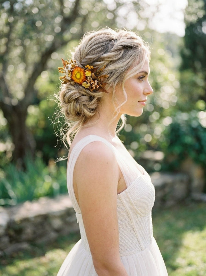 Terracotta Dried Flower Hair Comb | Fall Rustic Wedding – handmade floral hair accessory by magaela