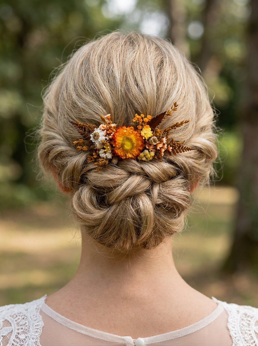 Terracotta Dried Flower Hair Comb | Fall Rustic Wedding – handmade floral hair accessory by magaela