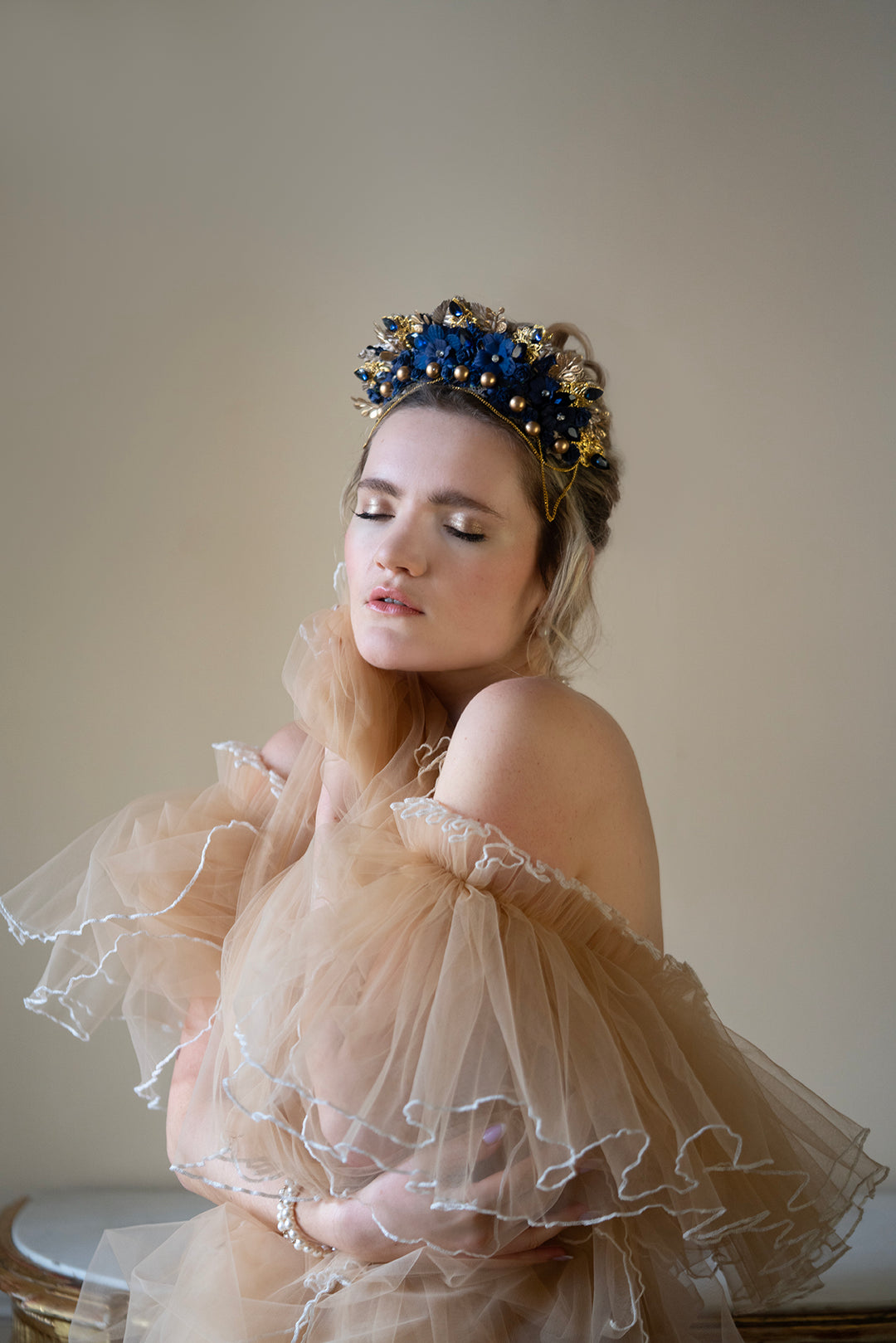 Royal Blue Gold Crown Headband: Glam Wedding Hair Jewelry – handmade floral hair accessory by magaela