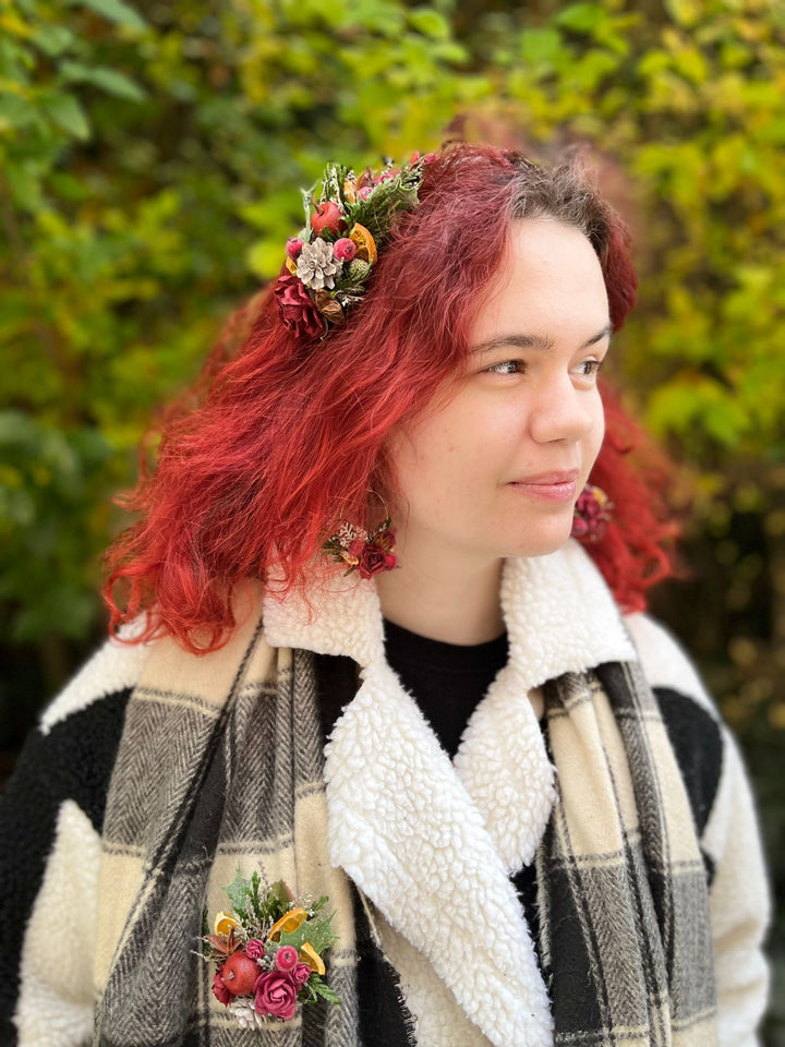 Winter Orange Christmas Accessories – Earrings, Headbands, Brooch & Glass Decorations – handmade floral hair accessory by magaela