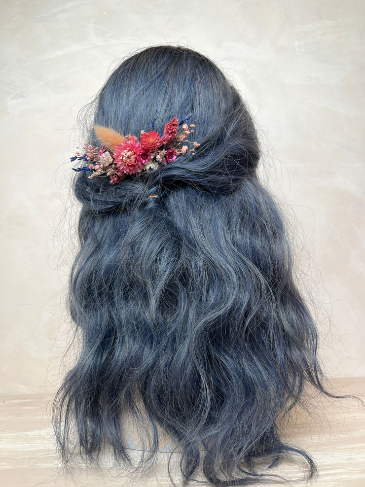 Pink and Purple Dried Flower Hair Comb | Helichrysum, Lagurus and Statice