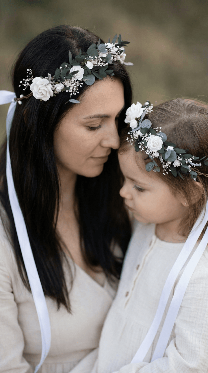 Mother & Daughter Matching Flower Crowns – Eucalyptus & White Roses – handmade floral hair accessory by magaela