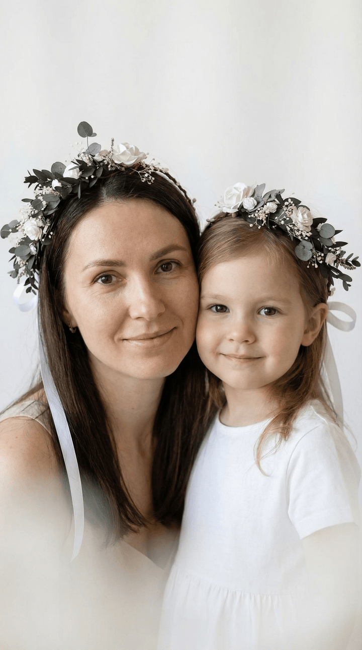 Mother & Daughter Matching Flower Crowns – Eucalyptus & White Roses – handmade floral hair accessory by magaela