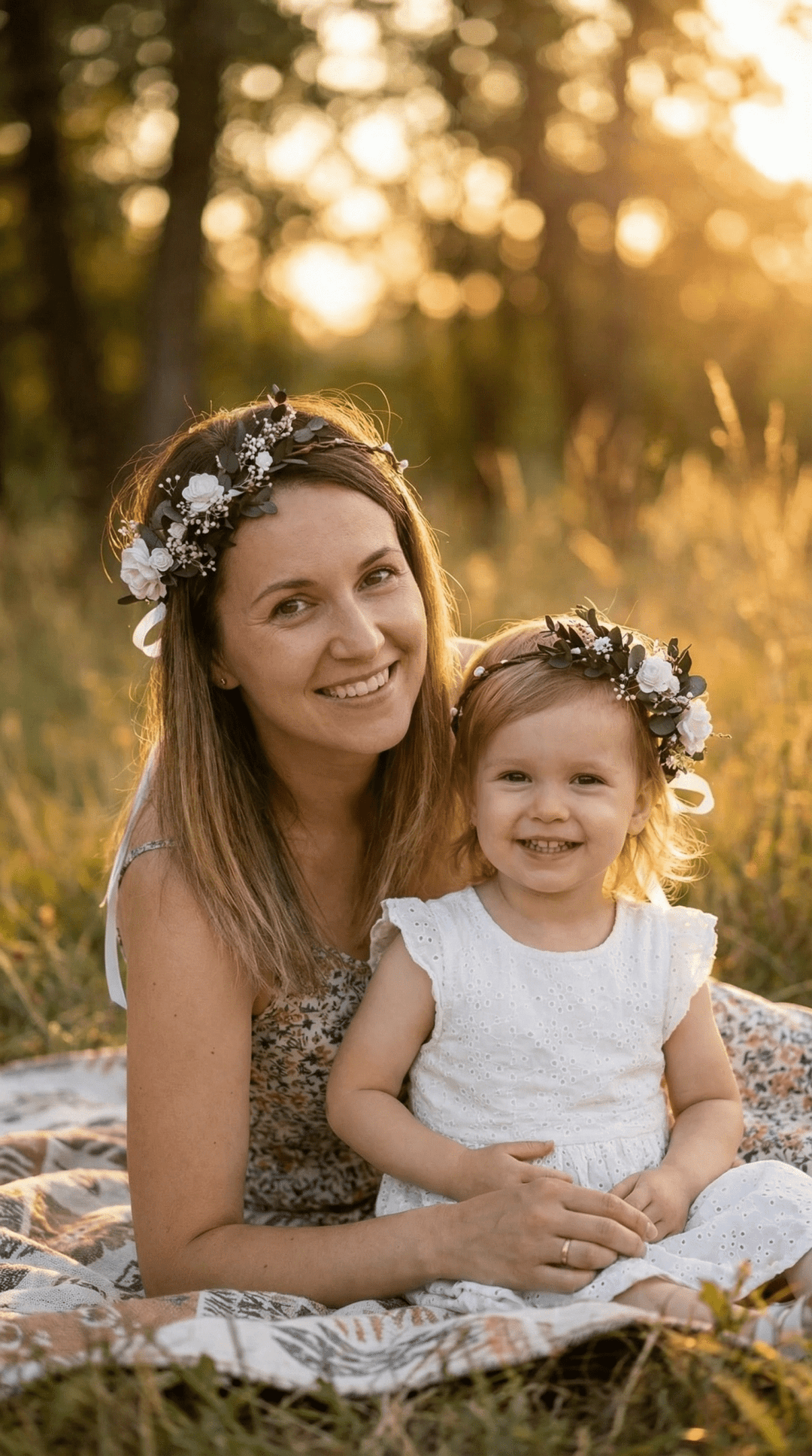 Mother & Daughter Matching Flower Crowns – Eucalyptus & White Roses – handmade floral hair accessory by magaela