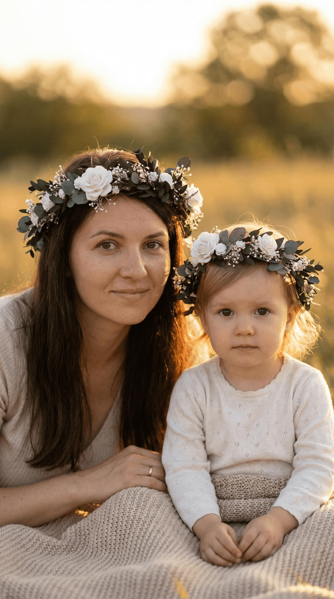 Mother & Daughter Matching Flower Crowns – Eucalyptus & White Roses – handmade floral hair accessory by magaela