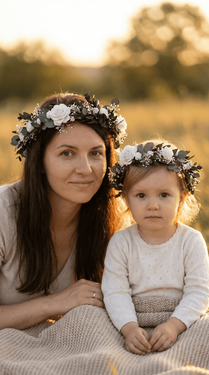Mother & Daughter Matching Flower Crowns – Eucalyptus & White Roses – handmade floral hair accessory by magaela