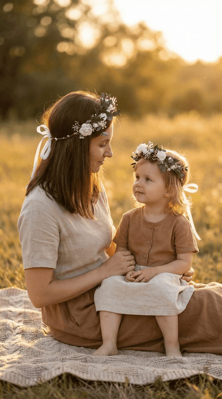 Mother & Daughter Matching Flower Crowns – Eucalyptus & White Roses – handmade floral hair accessory by magaela