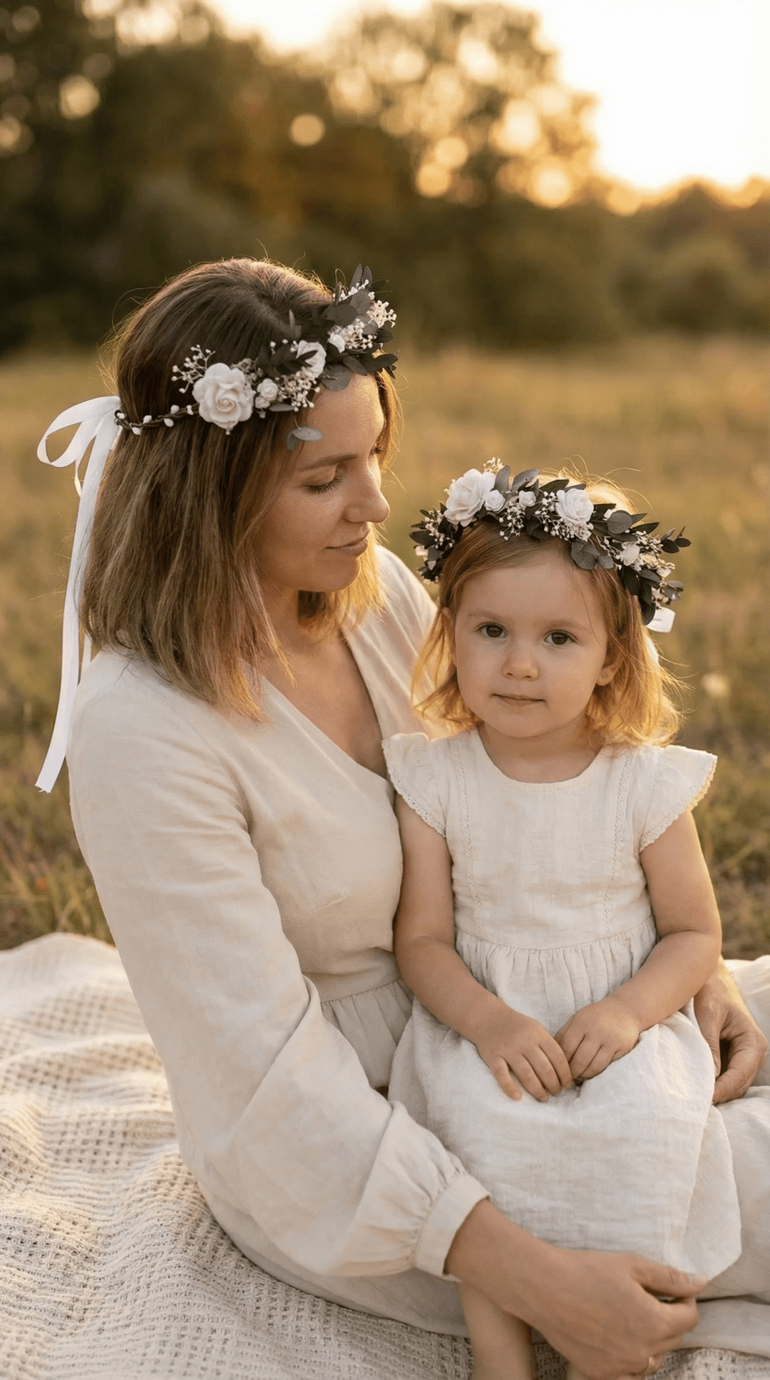 Mother & Daughter Matching Flower Crowns – Eucalyptus & White Roses – handmade floral hair accessory by magaela