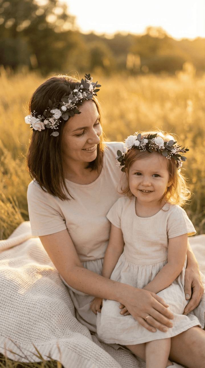 Mother & Daughter Matching Flower Crowns – Eucalyptus & White Roses – handmade floral hair accessory by magaela