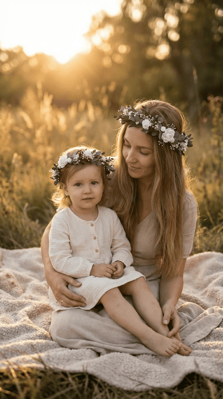 Mother & Daughter Matching Flower Crowns – Eucalyptus & White Roses – handmade floral hair accessory by magaela