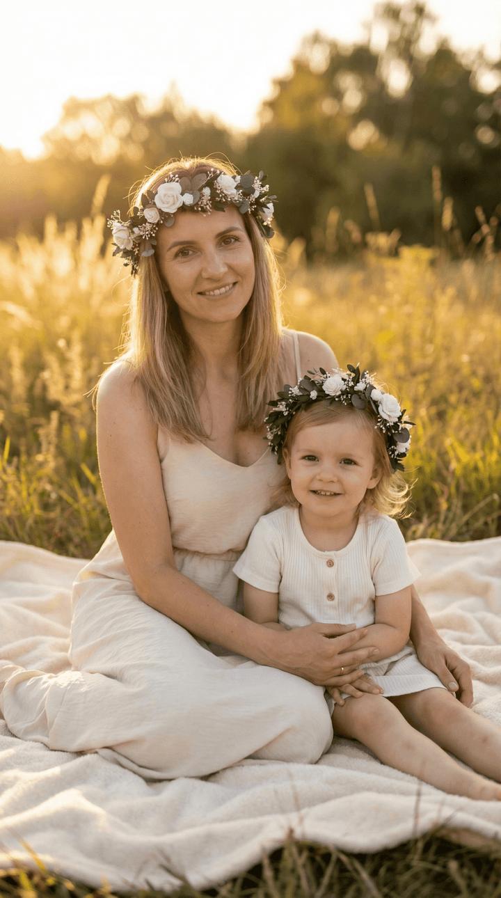 Mother & Daughter Matching Flower Crowns – Eucalyptus & White Roses – handmade floral hair accessory by magaela