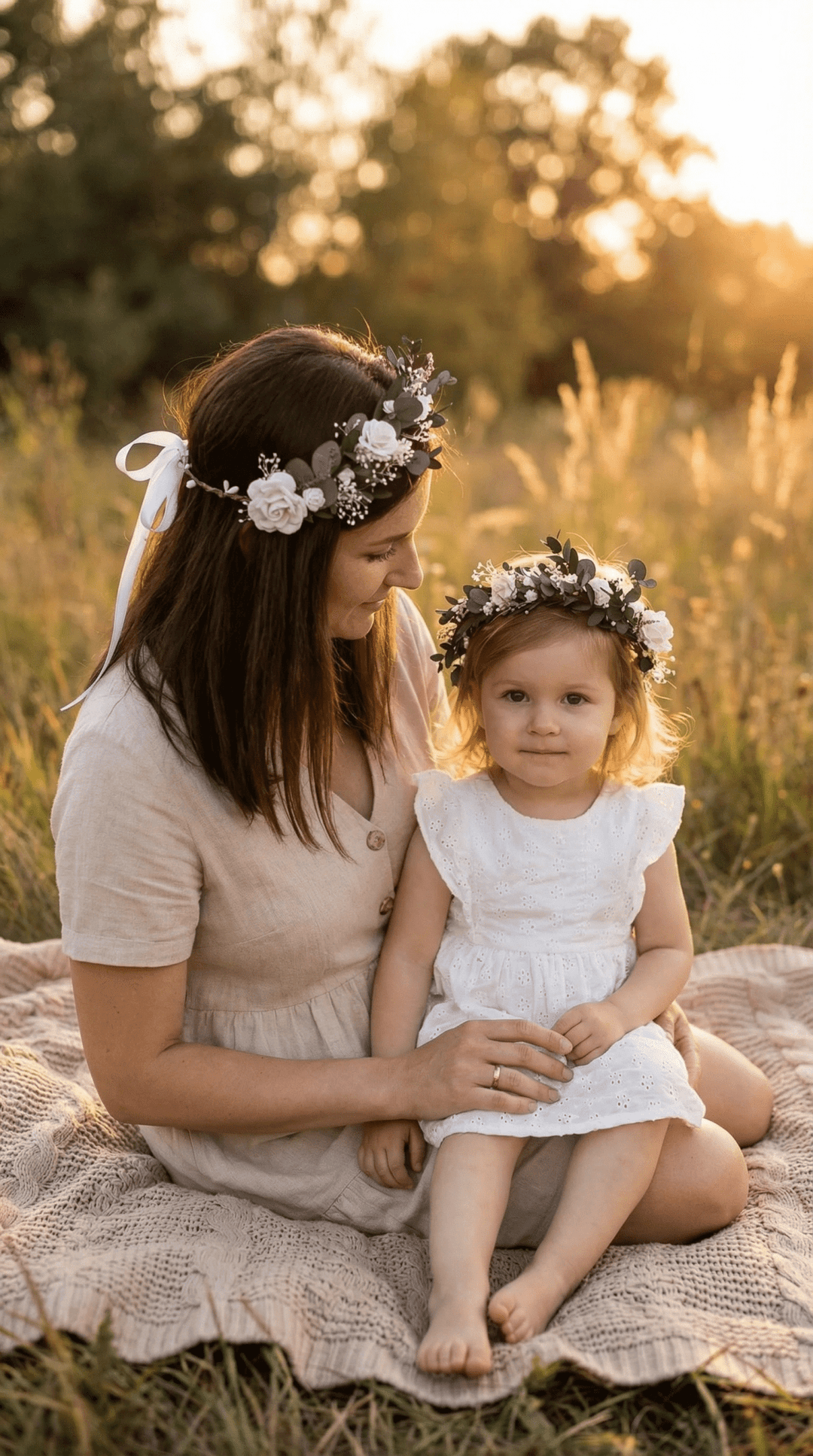 Mother & Daughter Matching Flower Crowns – Eucalyptus & White Roses – handmade floral hair accessory by magaela