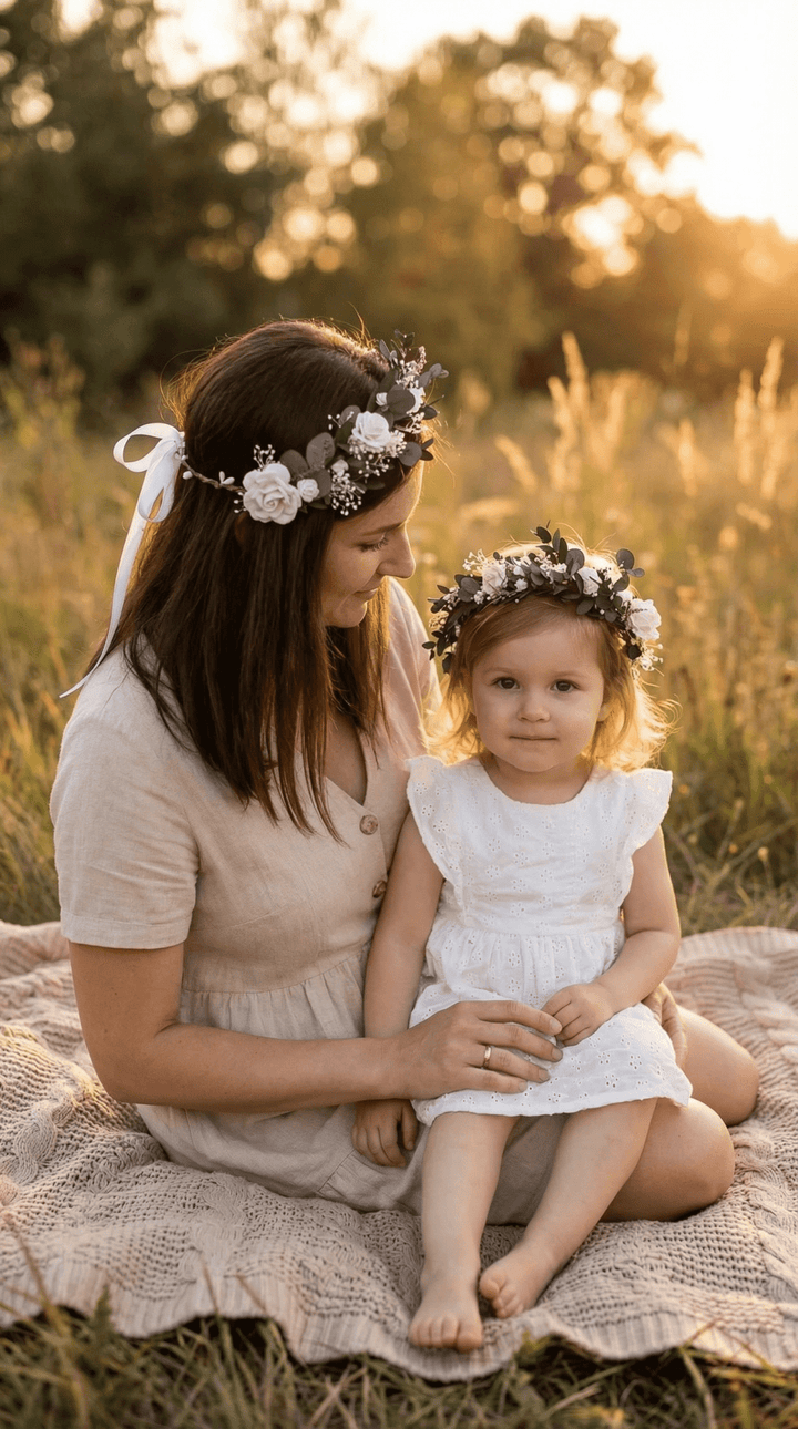 Mother & Daughter Matching Flower Crowns – Eucalyptus & White Roses – handmade floral hair accessory by magaela