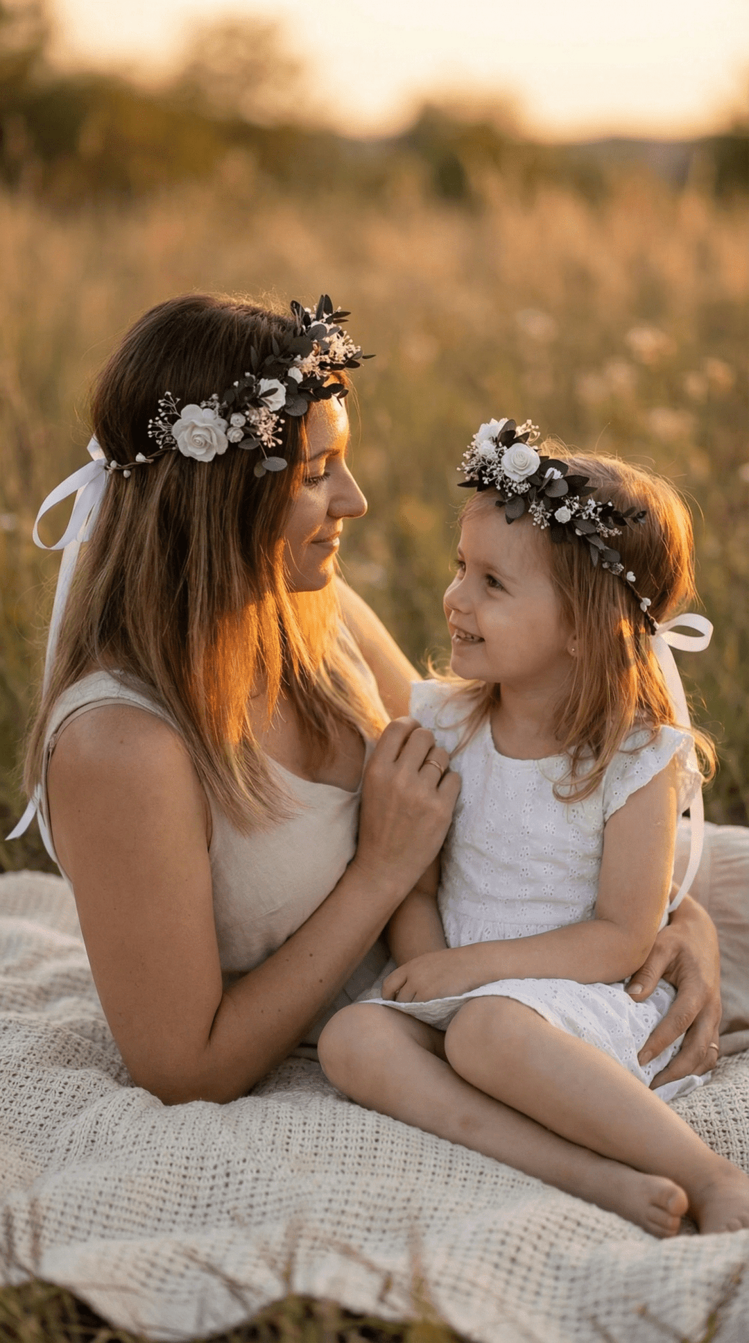Mother & Daughter Matching Flower Crowns – Eucalyptus & White Roses – handmade floral hair accessory by magaela
