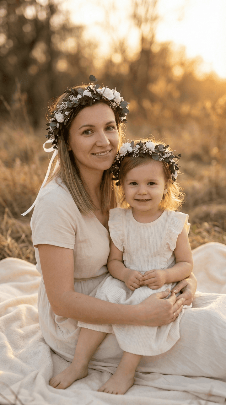Mother & Daughter Matching Flower Crowns – Eucalyptus & White Roses – handmade floral hair accessory by magaela