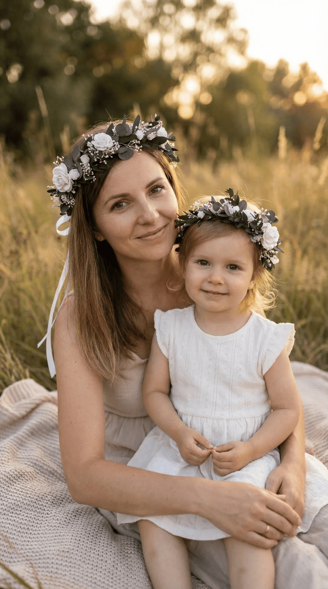 Mother & Daughter Matching Flower Crowns – Eucalyptus & White Roses – handmade floral hair accessory by magaela