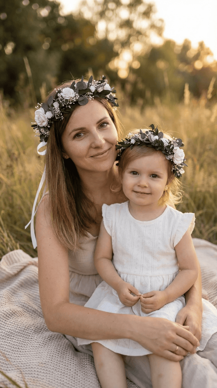 Mother & Daughter Matching Flower Crowns – Eucalyptus & White Roses – handmade floral hair accessory by magaela
