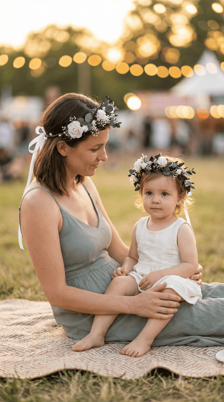 Mother & Daughter Matching Flower Crowns – Eucalyptus & White Roses – handmade floral hair accessory by magaela