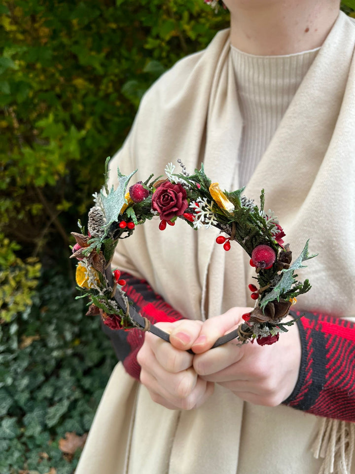 Winter Orange Christmas Accessories – Earrings, Headbands, Brooch & Glass Decorations – handmade floral hair accessory by magaela