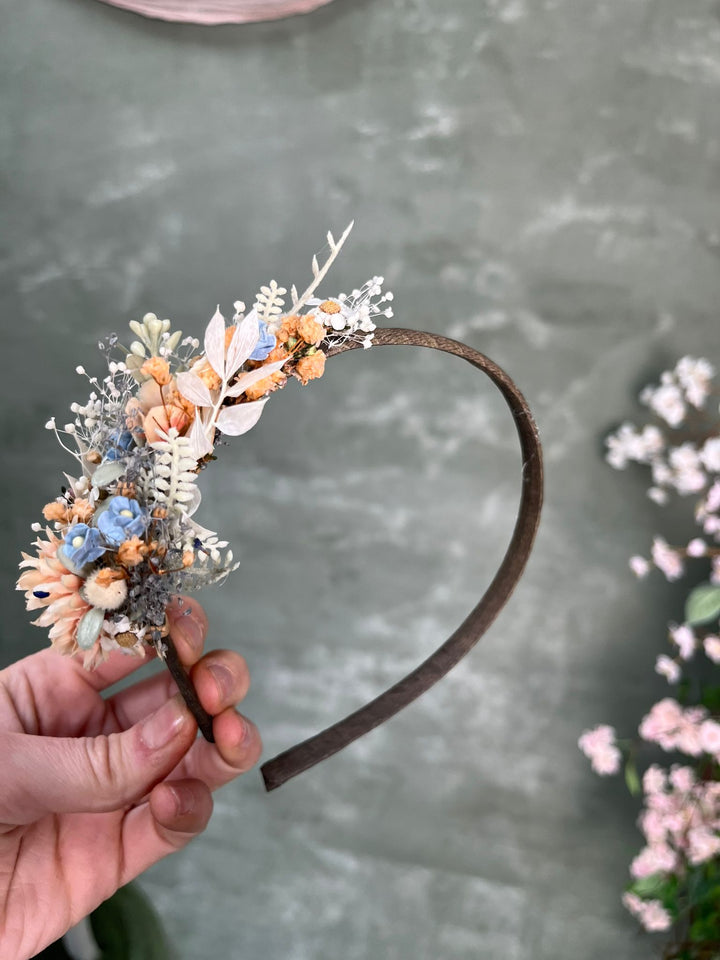 Floral Side Headband with Flowers in Pastel Blue and Blush Peach