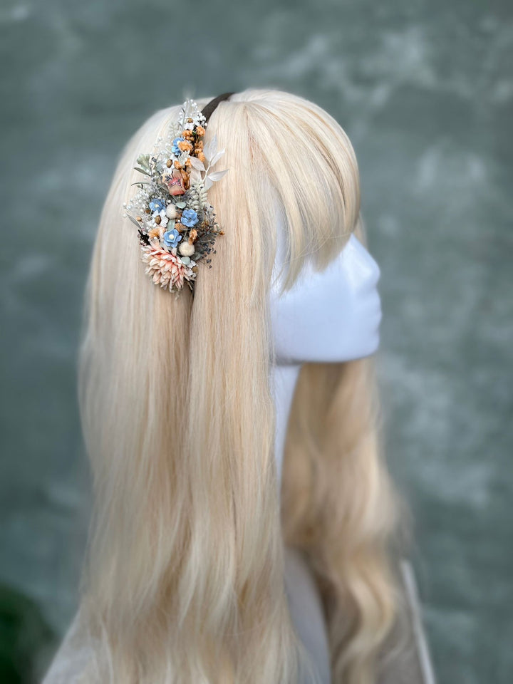 Floral Side Headband with Flowers in Pastel Blue and Blush Peach