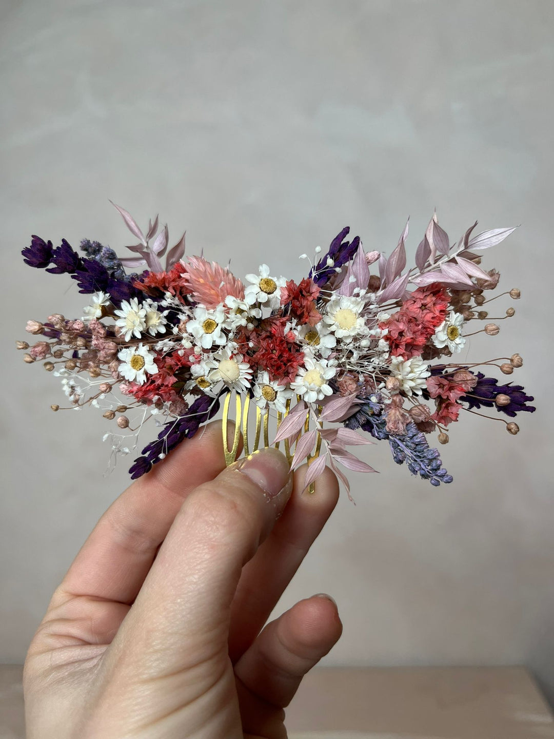 Dried Flower Bridal Hair Comb with Preserved Botanicals in Purple, Pink and White