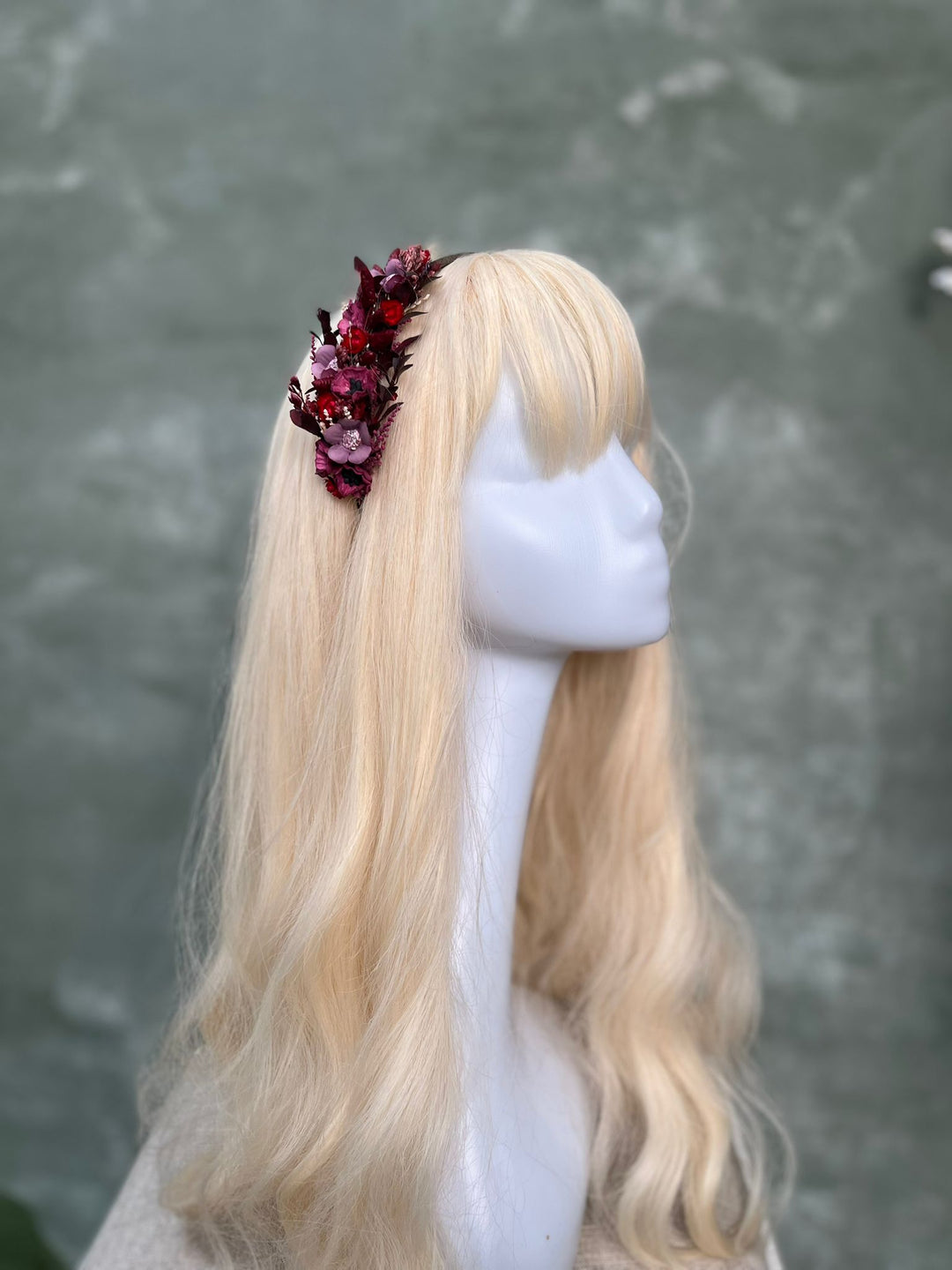 Burgundy Violet Floral Headband with Poppies, Glixia and Dried Grasses