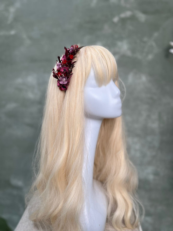 Burgundy Violet Floral Headband with Poppies, Glixia and Dried Grasses