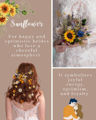 Promotional graphic for sunflower-themed wedding flowers with text and images of a bride and bouquet.
