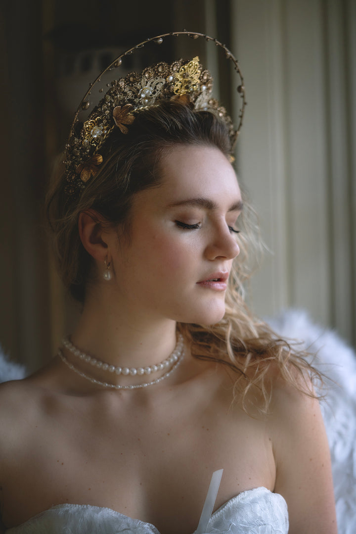 Luxury Golden Bridal Crown: Couture Flower Hair Jewelry – handmade floral hair accessory by magaela