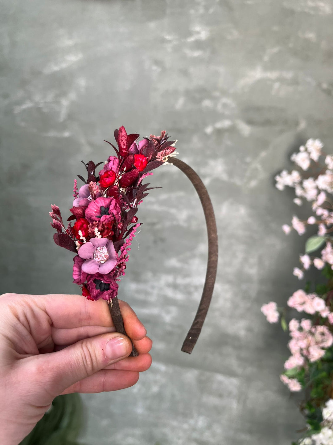 Burgundy Violet Floral Headband with Poppies, Glixia and Dried Grasses