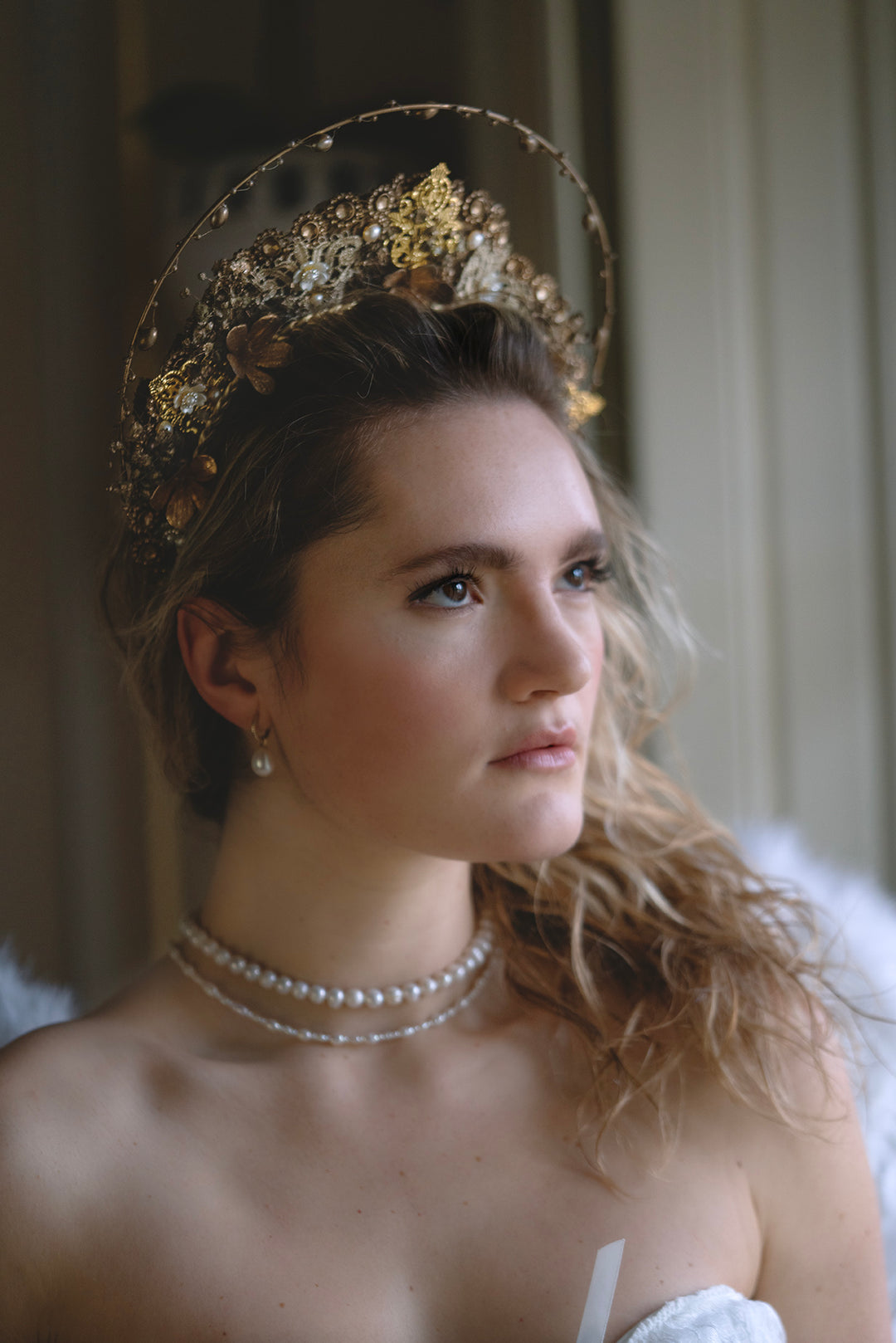 Luxury Golden Bridal Crown: Couture Flower Hair Jewelry – handmade floral hair accessory by magaela