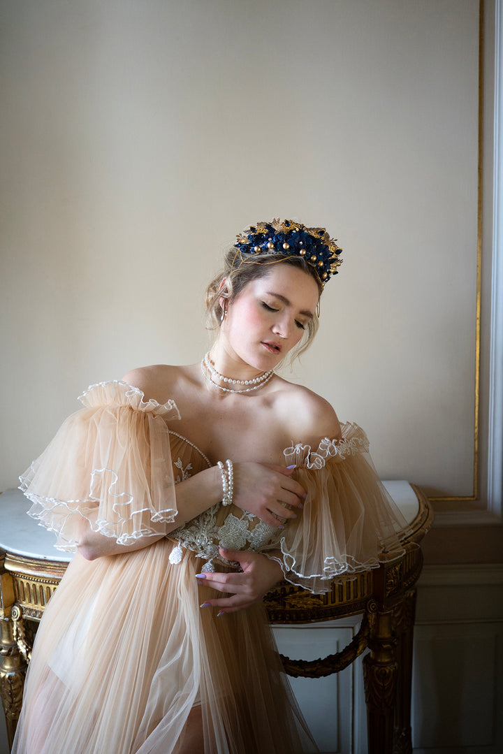 Royal Blue Gold Crown Headband: Glam Wedding Hair Jewelry – handmade floral hair accessory by magaela