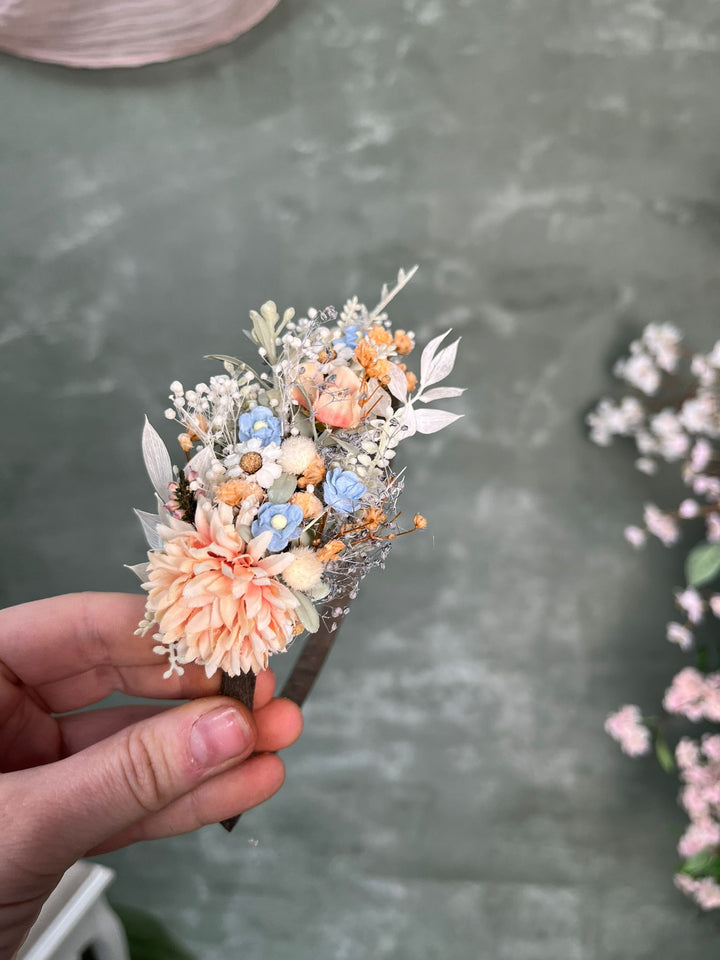 Floral Side Headband with Flowers in Pastel Blue and Blush Peach