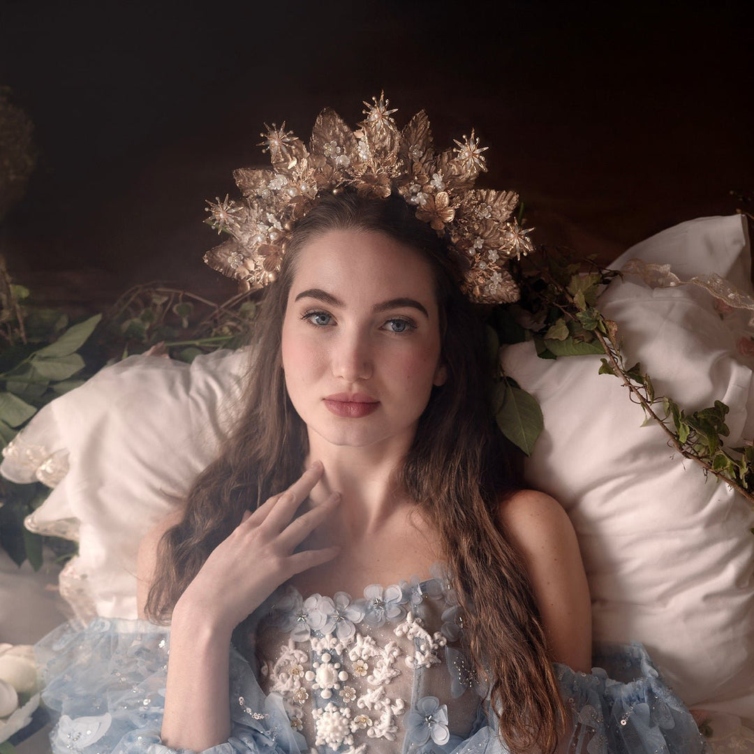 Gold Halo Crown: Luxury Bridal Headpiece, Couture Wedding – handmade floral hair accessory by magaela
