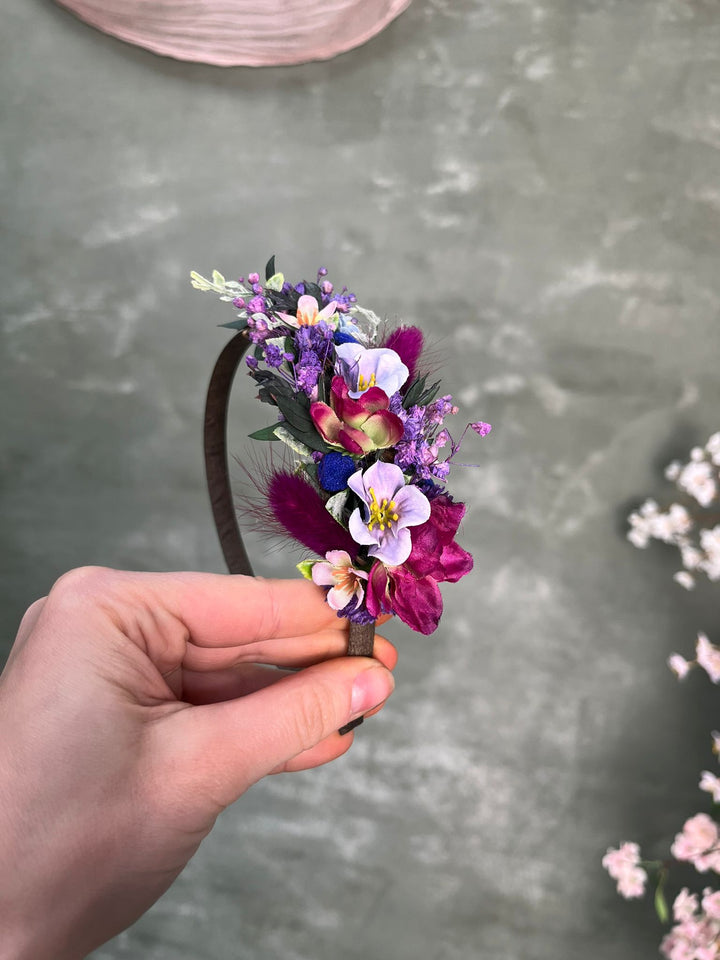 Floral Side Headband with Wildflowers in Deep Purple and Burgundy